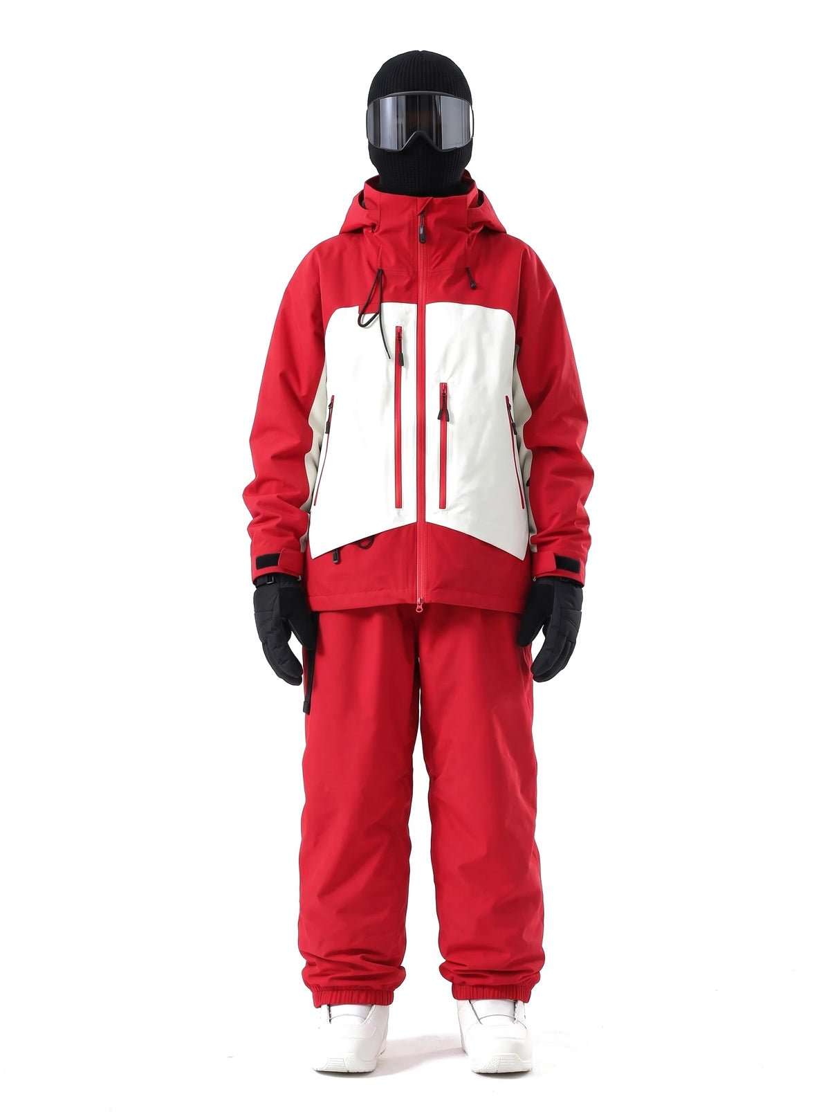 Combinaison de ski unisexe veste 3 couches et pantalon ample – Rouge et blanc