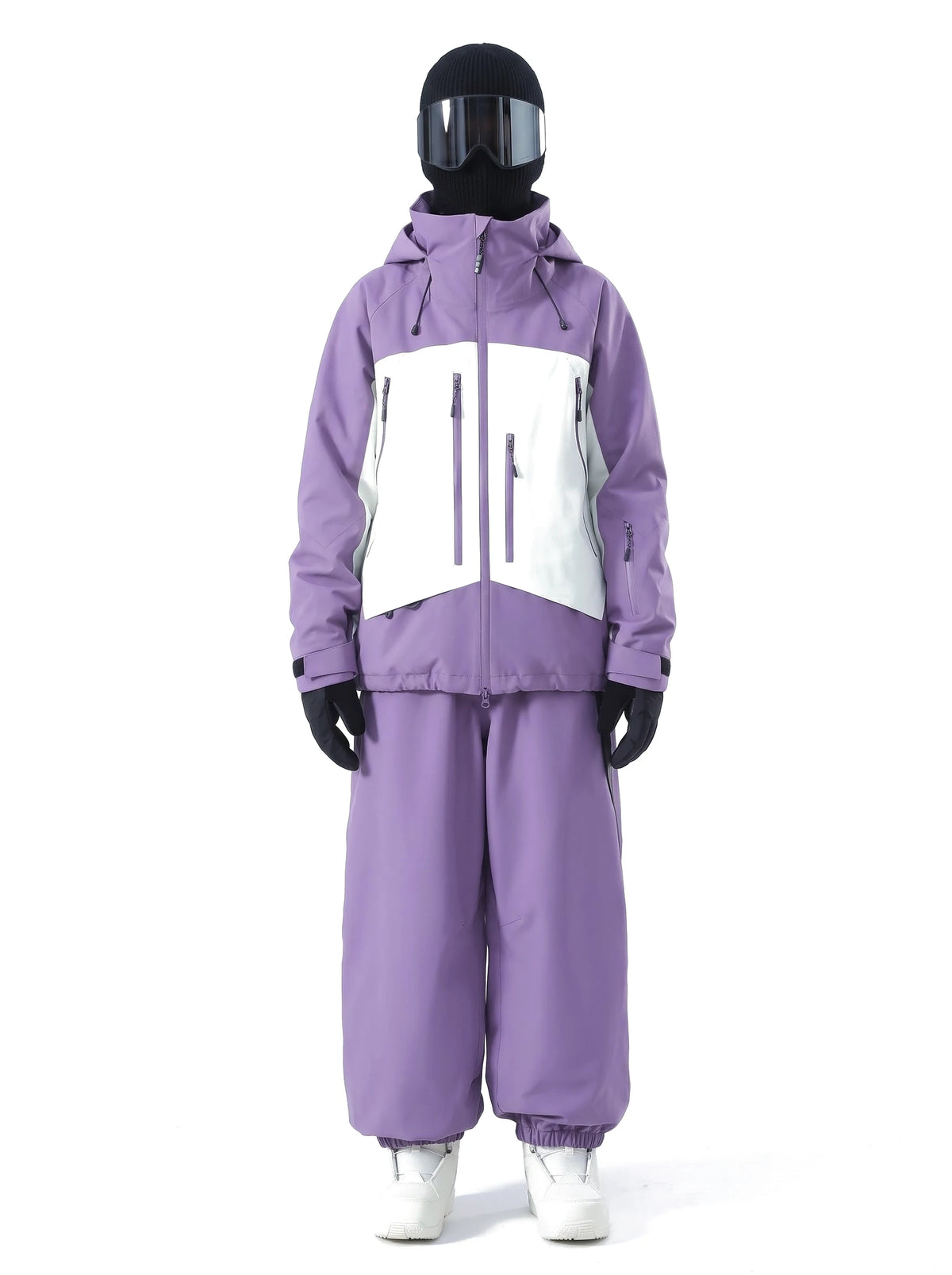Combinaison de ski unisexe veste 3 couches et pantalon ample – Violet et blanc