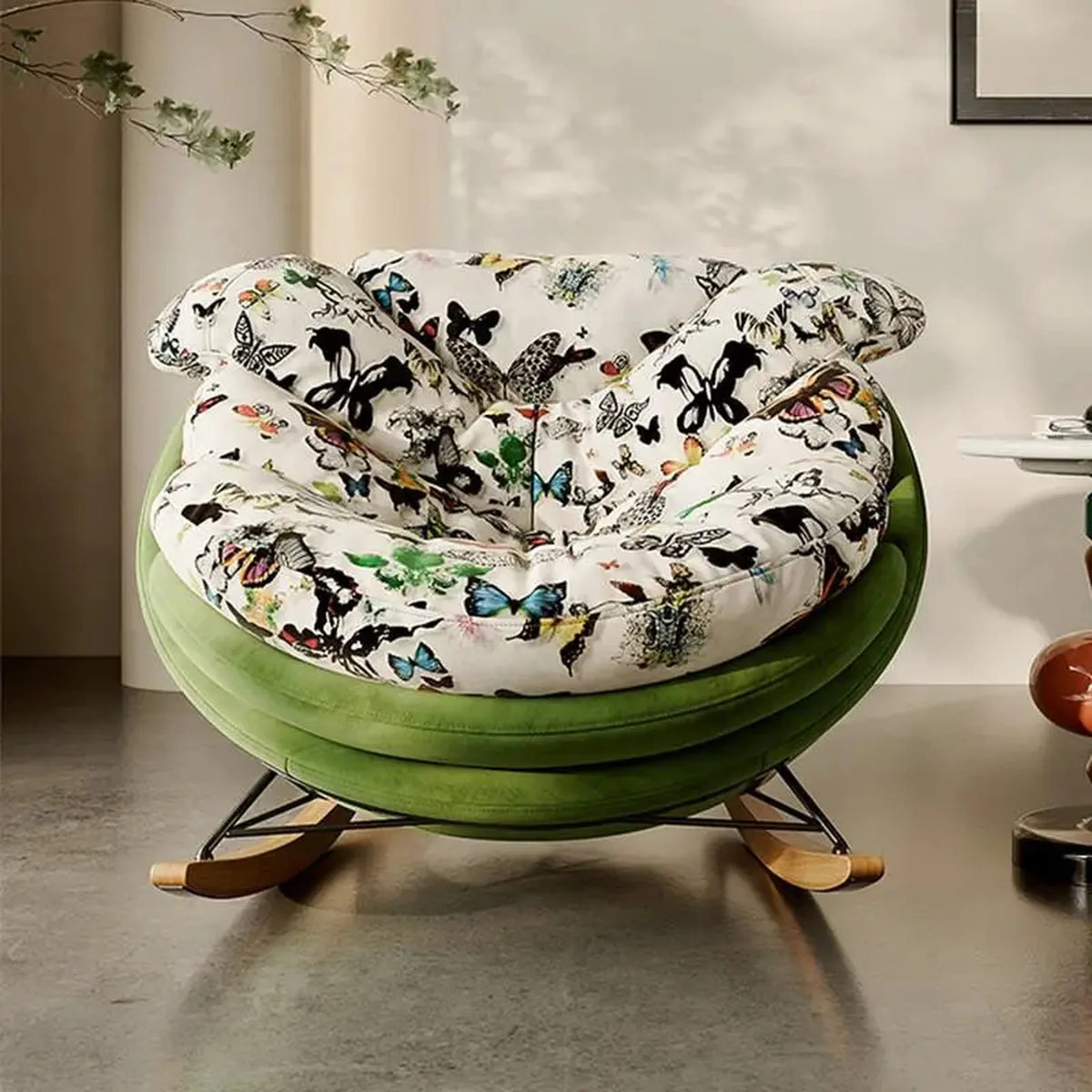 Fauteuil à bascule tissu blanc cassé avec pouf – coloris vert