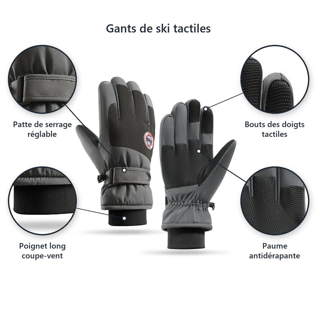 Gants de ski tactiles à paume antidérapante et doublure polaire – Gris foncé