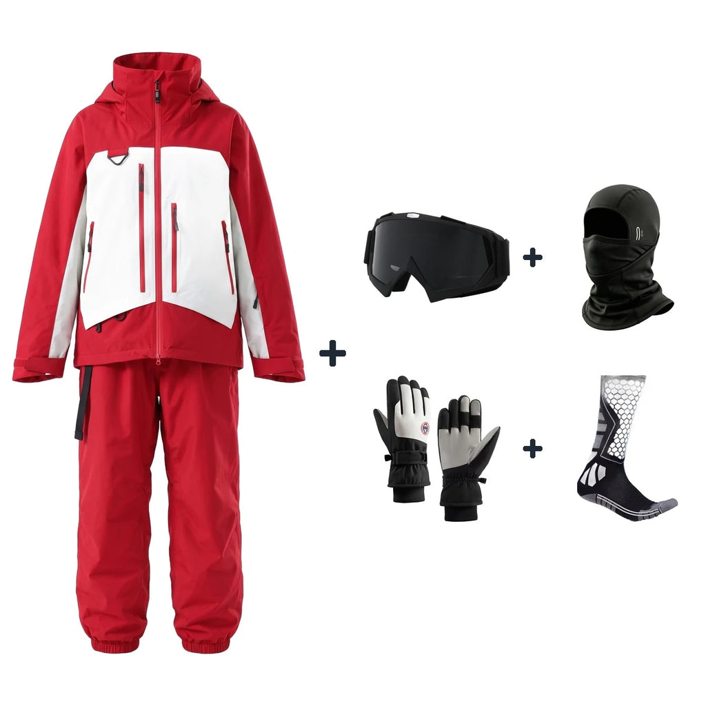 Pack Courchevel – combinaison de ski rouge et blanc + gants, masque, cagoule et chaussettes