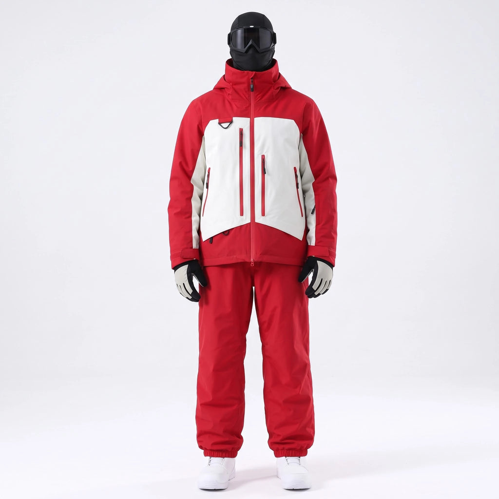 Pack Courchevel – combinaison de ski rouge et blanc portée avec gants, masque et cagoule