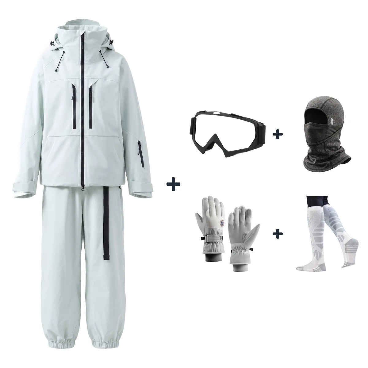 Pack Megève – combinaison de ski blanc cassé + gants, masque, cagoule et chaussettes