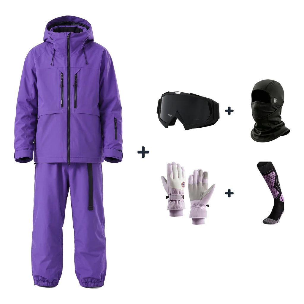 Pack Méribel – combinaison de ski violette + gants, masque, cagoule et chaussettes