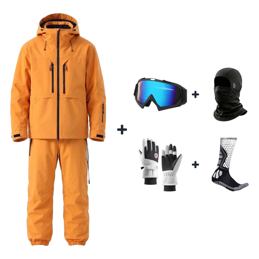 Pack Tignes – combinaison de ski orange + gants, masque, cagoule et chaussettes