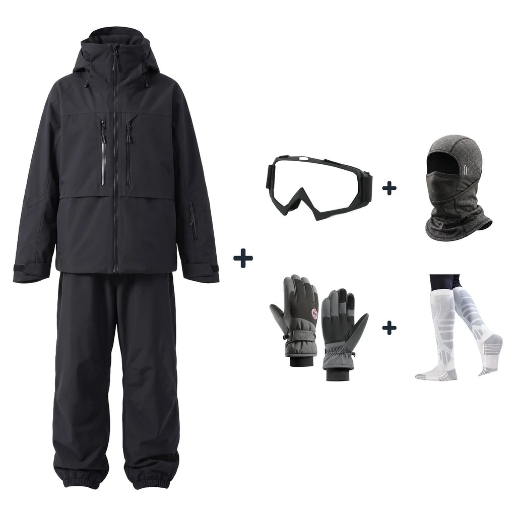 Pack Val d'Isère – combinaison de ski noire + gants, masque, cagoule et chaussettes