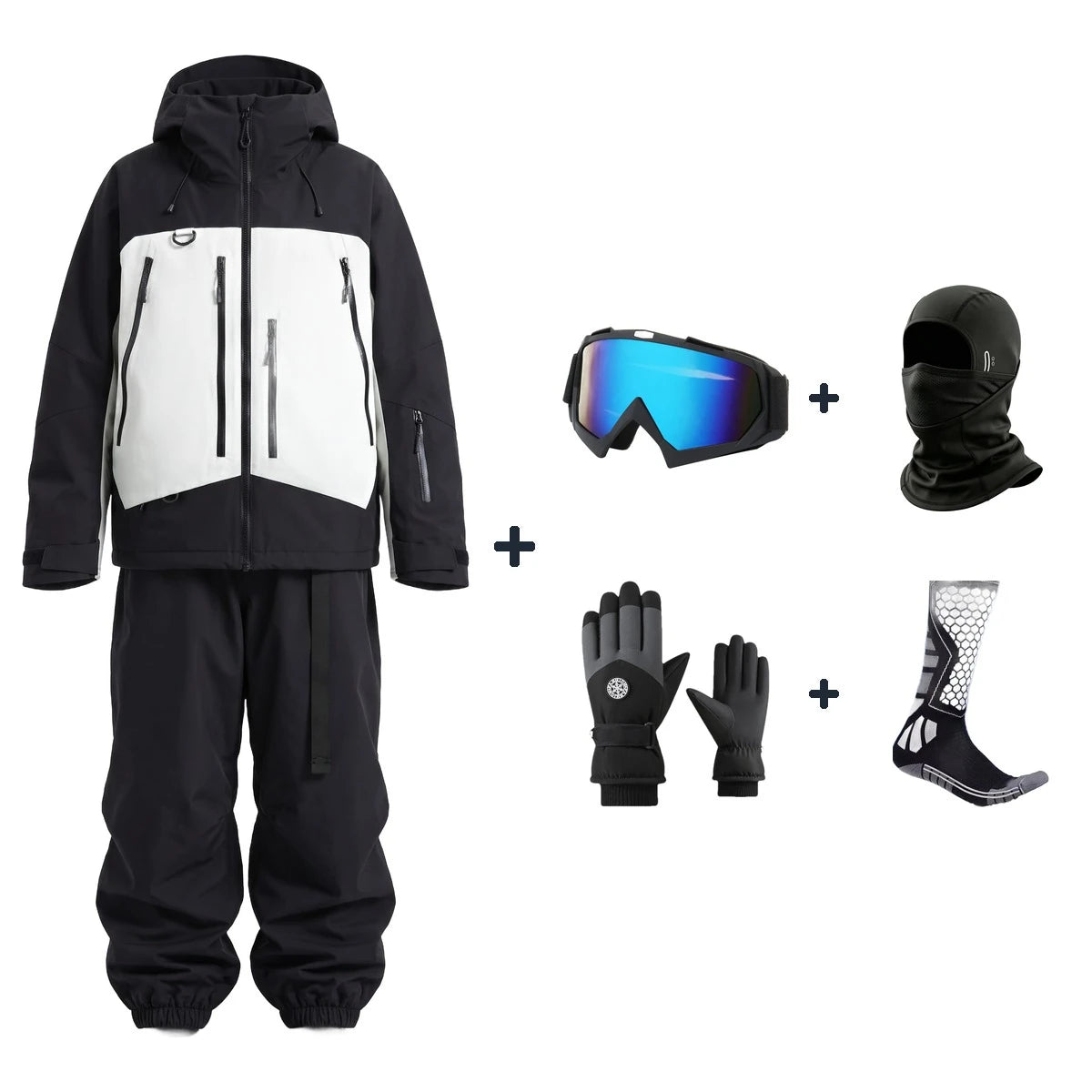 Pack Val Thorens – combinaison de ski noir et blanc + gants, masque, cagoule et chaussettes