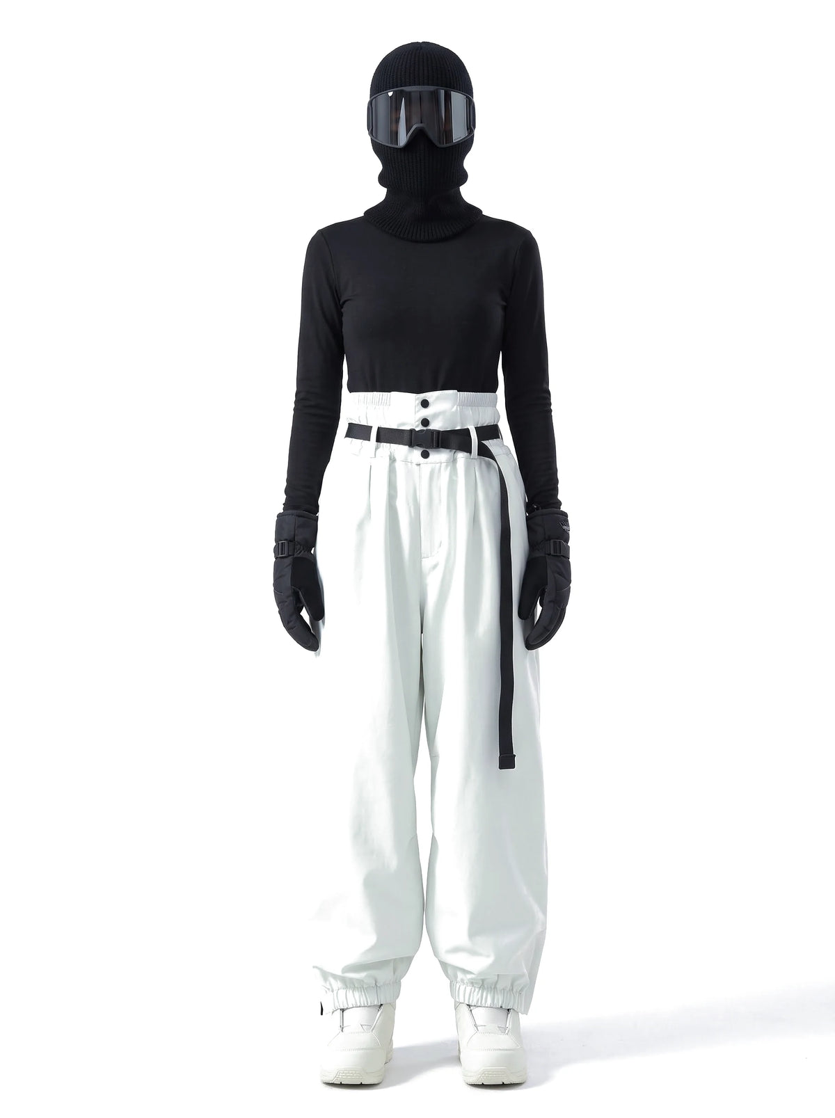Pantalon de ski unisexe 3 couches doublé polaire avec ceinture – Blanc perle
