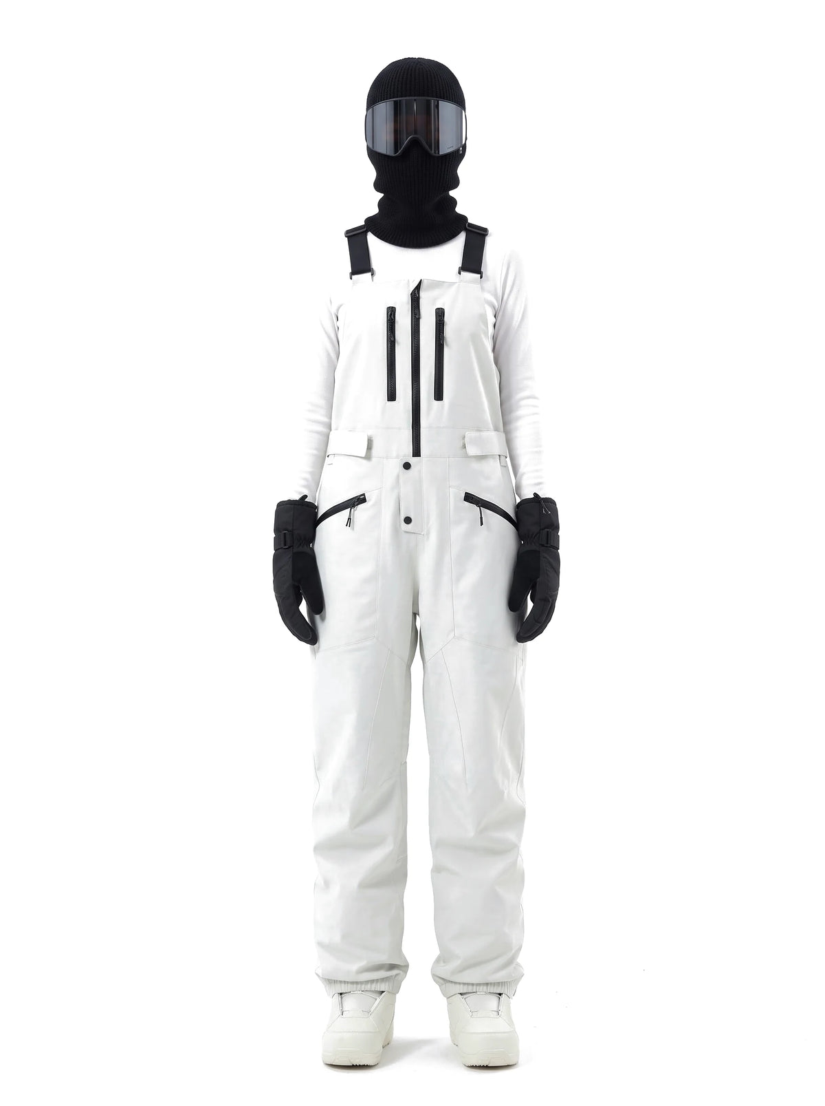 Salopette de ski unisexe à bretelles clipsables et poches zippées – Blanc