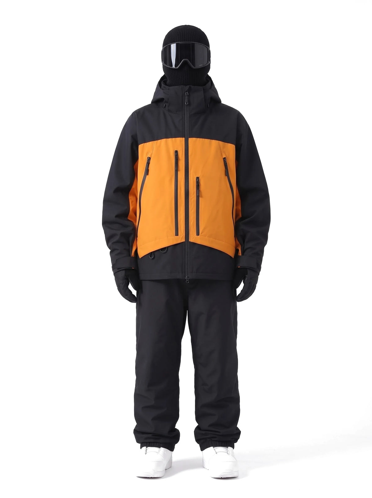 Veste de ski unisexe 3 couches à capuche et jupe pare-neige – Noir et orange