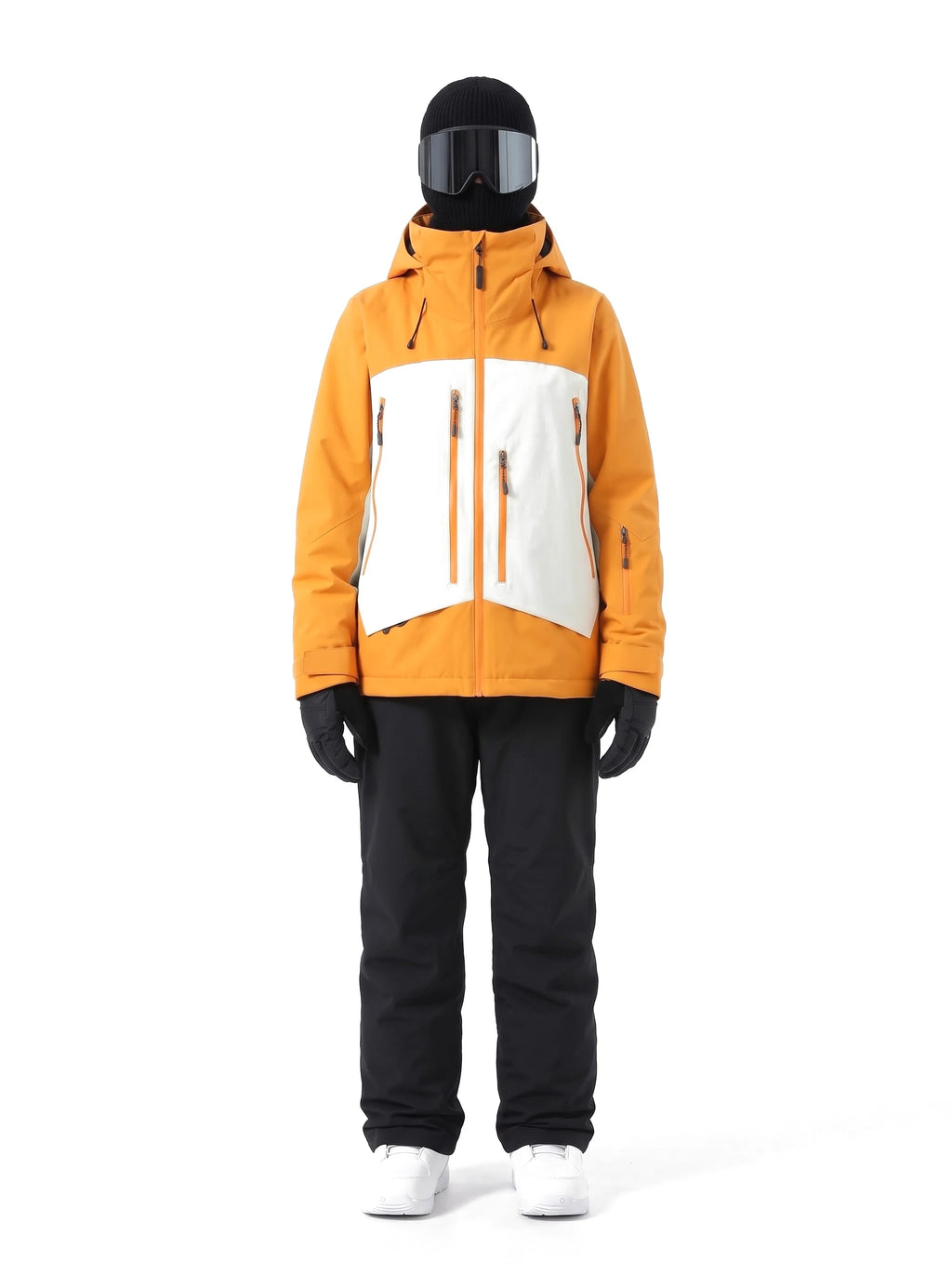 Veste de ski unisexe 3 couches à capuche et jupe pare-neige – Orange et blanc