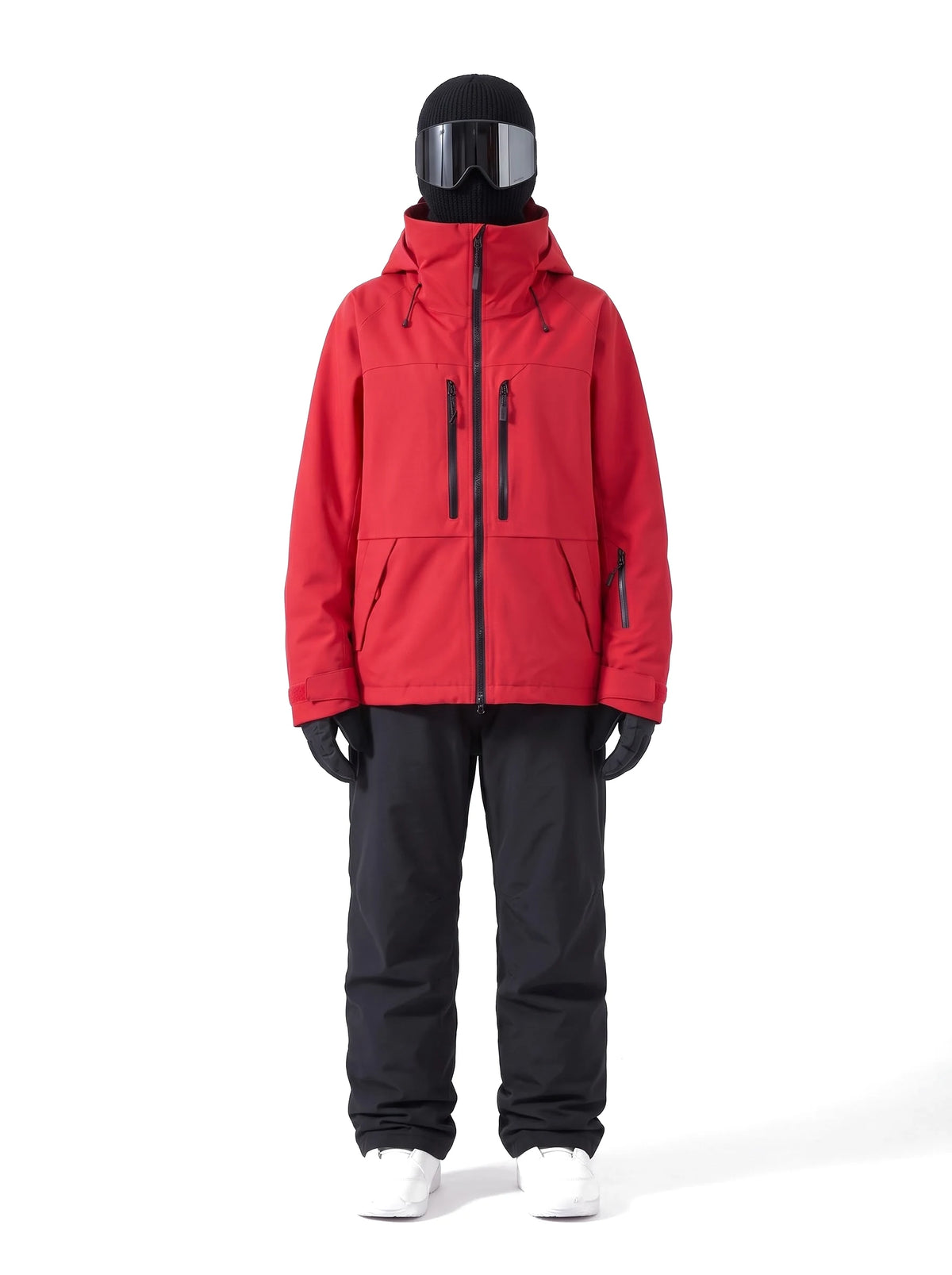 Veste de ski unisexe 3 couches à capuche et jupe pare-neige – Rouge