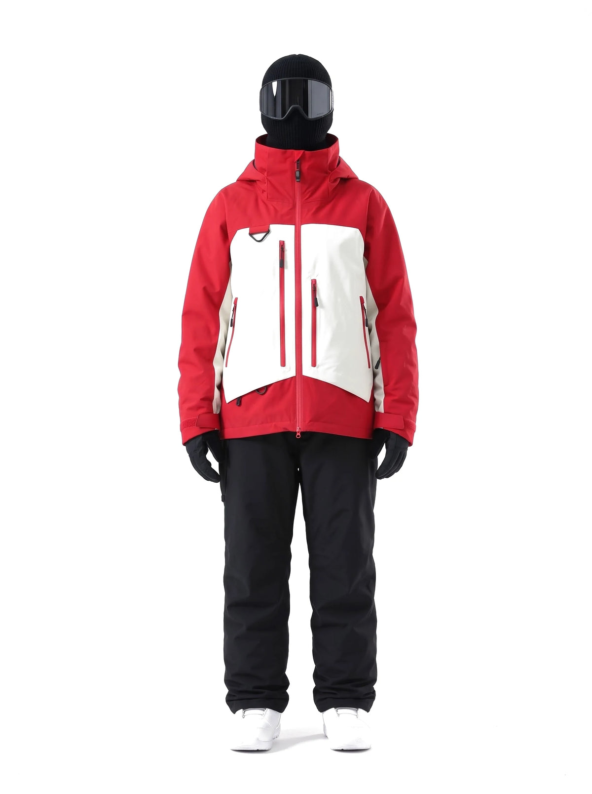Veste de ski unisexe 3 couches à capuche et jupe pare-neige – Rouge et blanc