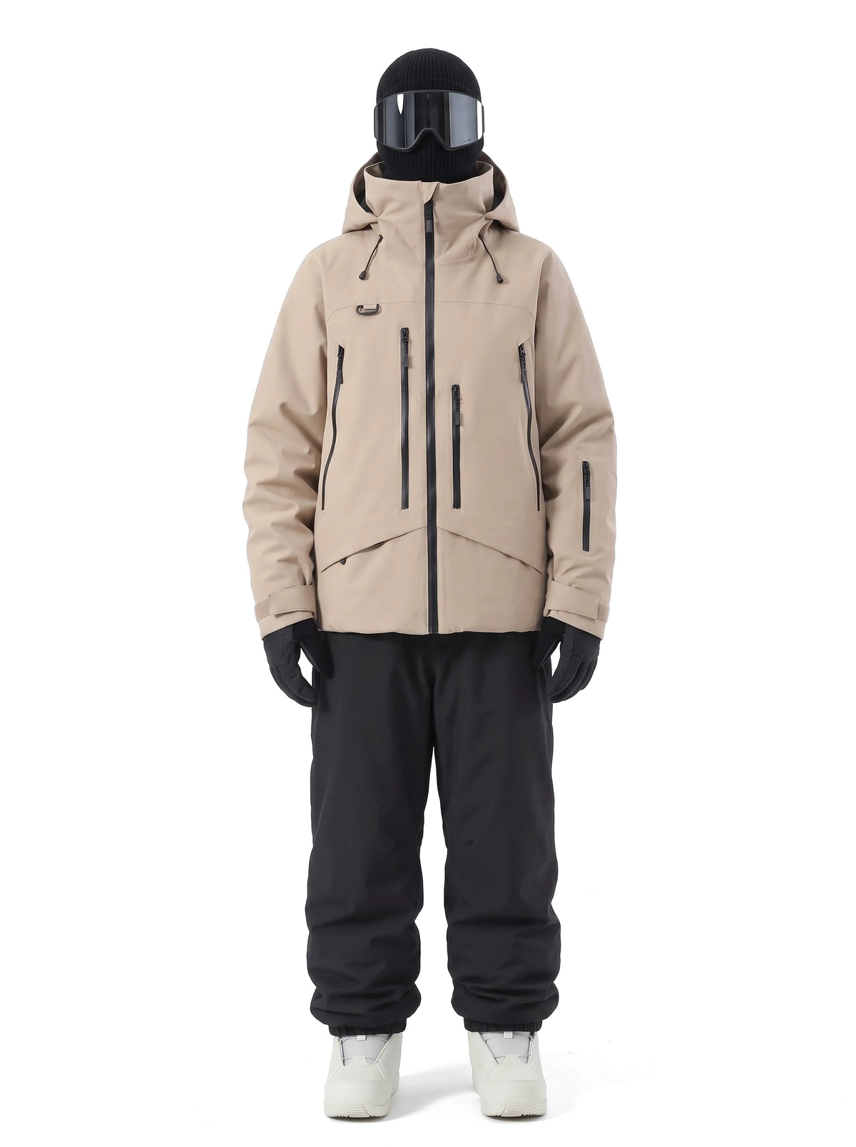 Veste de ski unisexe 3 couches à capuche et jupe pare-neige – Sable