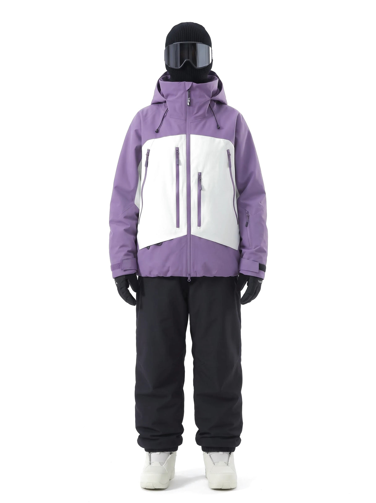 Veste de ski unisexe 3 couches à capuche et jupe pare-neige – Violet et blanc